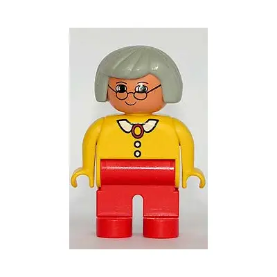  Duplo Figure, Female, Red Legs, Yellow Blouse with White Collar and 2 Buttons, Gray Hair, Glasses