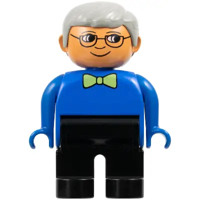  Duplo Figure, Male, Black Legs, Blue Top with Green Bow Tie, Gray Hair, Glasses