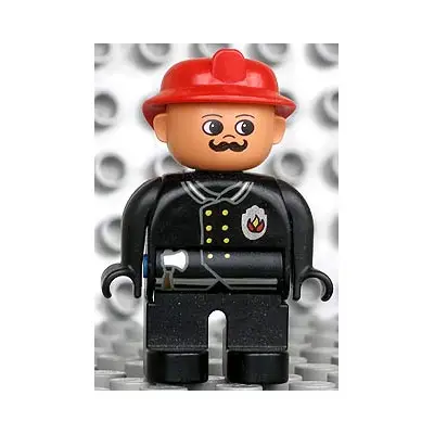  Duplo Figure, Male Fireman, Black Legs, Black Top with Flame Logo, Red Fire Helmet, Moustache (4171016)