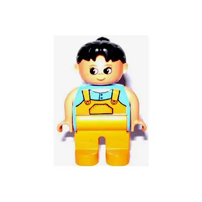  Duplo Figure, Female, Medium Orange Legs, Medium Blue Top with Overalls, Black Hair