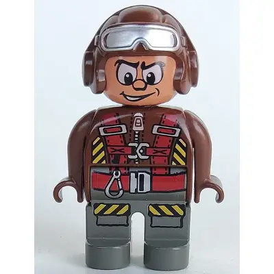  Duplo Figure, Male Action Wheeler, Dark Gray Legs, Brown Top with Parachute Straps, Brown Helmet with Goggles