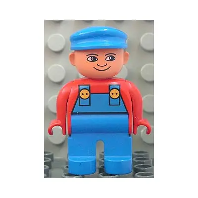  Duplo Figure, Male, Blue Legs, Red Top with Blue Overalls, Blue Cap, Turned Down Nose