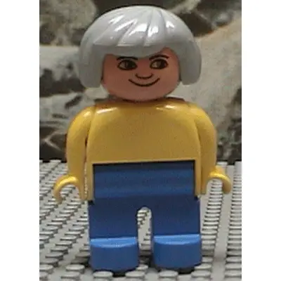  Duplo Figure, Female, Blue Legs, Yellow Blouse, Gray Hair