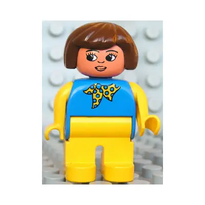  Duplo Figure, Female, Yellow Legs, Blue Top with Yellow and Blue Polka Dot Scarf, Yellow Arms, Brown Hair