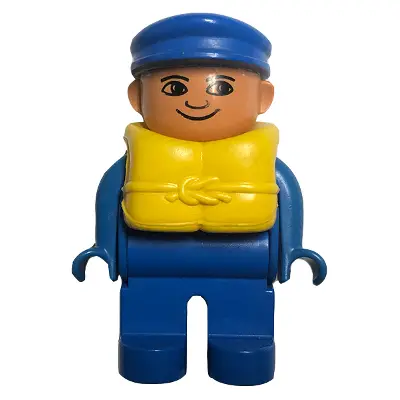  Duplo Figure, Male, Blue Legs, Blue Top, Life Jacket, Blue Cap