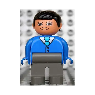  Duplo Figure, Male, Dark Gray Legs, Blue Top With 2 Buttons And Tie, Black Hair