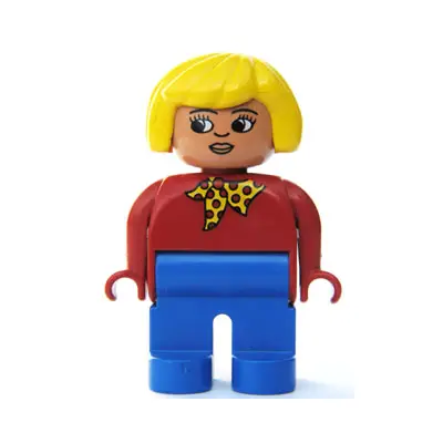  Duplo Figure, Female, Blue Legs, Red Top with Yellow and Red Polka Dot Scarf, Yellow Hair, Turned Down Nose