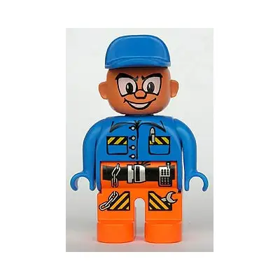  Duplo Figure, Male Action Wheeler, Orange Legs with Belt, Blue Top with Pen, Chain, Radio, and Wrench, Blue Cap