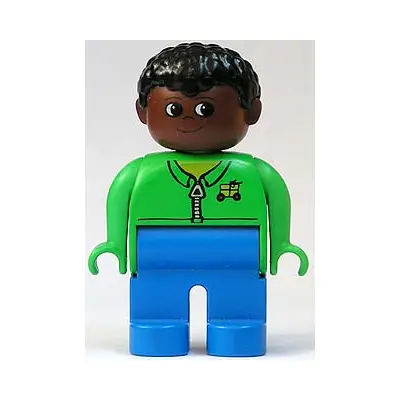  Duplo Figure, Male, Blue Legs, Green Zippered Jacket, Black Curly Hair, Brown Head