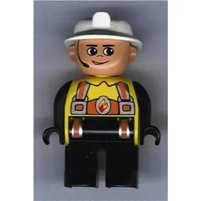  Duplo Figure, Male Fireman, Black Legs, Yellow Top with Flame and Orange Suspenders, White Fire Helmet, Headset