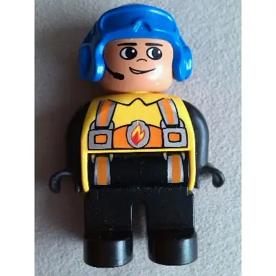  Duplo Figure, Male Fireman, Black Legs, Yellow Top with Flame and Orange Suspenders, Blue Aviator Helmet