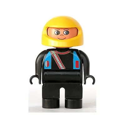  Duplo Figure, Male, Black Legs, Black Top with Blue Straps and Racer Diagonal Zipper, Yellow Racing Helmet