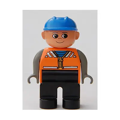  Duplo Figure, Male, Black Legs, Orange Vest, Dark Gray Arms, Construction Hat Blue