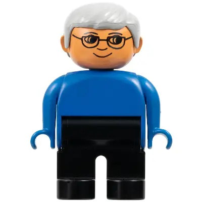  Duplo Figure, Male, Black Legs, Blue Top, Gray Hair, Glasses