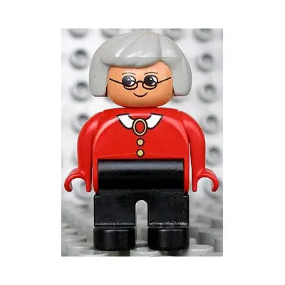  Duplo Figure, Female, Black Legs, Red Blouse with White Collar, Gray Hair, Glasses (75467)