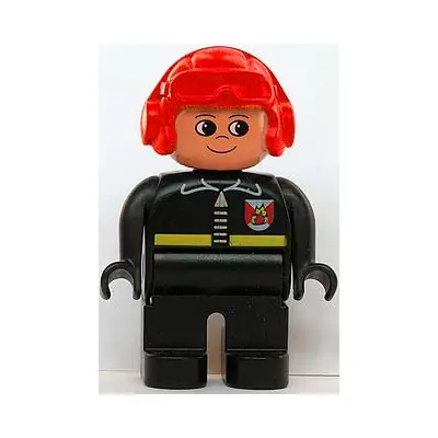  Duplo Figure, Male Fireman, Black Legs, Black Top with Fire Logo and Zipper, Red Aviator Helmet