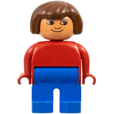  Duplo Figure, Female, Blue Legs, Red Top, Brown Hair, No Eyelashes, Plain Smile