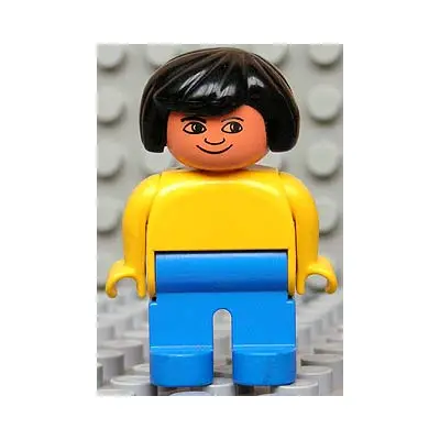  Duplo Figure, Female, Blue Legs, Yellow Blouse, Black Hair
