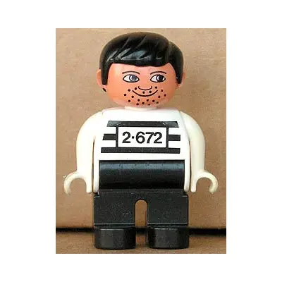  Duplo Figure, Male, Black Legs, White Top with 2-672 Number on Chest, Black Hair, White Hands, Stubble, Moustache Stubble (Jailbreak Joe)