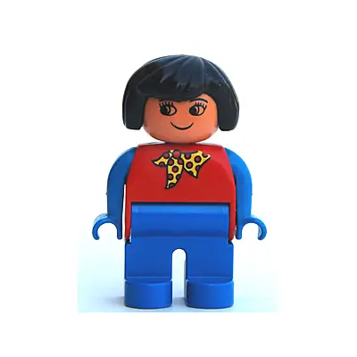  Duplo Figure, Female, Blue Legs, Red Top With Yellow And Red Polka Dot Scarf, Blue Arms, Black Hair, without Nose