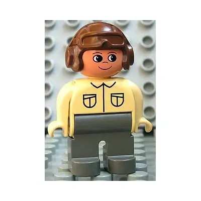  Duplo Figure, Male, Dark Gray Legs, Tan Top, Brown Aviator Helmet