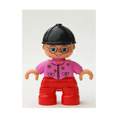  Duplo Figure Lego Ville, Child Girl, Red Legs, Dark Pink Top With Flowers, Black Riding Helmet, Glasses