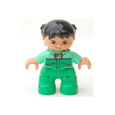  Duplo Figure Lego Ville, Child Girl, Bright Green Legs, Medium Green Top with Red Trim, Black Hair