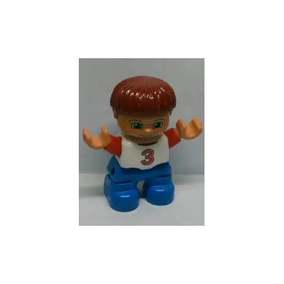  Duplo Figure Lego Ville, Child Boy, Blue Legs, White Top with Red Number 3 Pattern, Dark Red Hair (6013303)