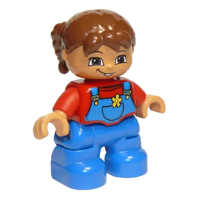  Duplo Figure Lego Ville, Child Girl, Blue Legs Overalls with Yellow Flower in Pocket, Red Top, Reddish Brown Hair, Brown Eyes