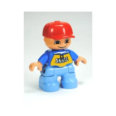  Duplo Figure Lego Ville, Child Boy, Medium Blue Legs, Blue Top with 'SKATE' Pattern, Red Cap (6233829)