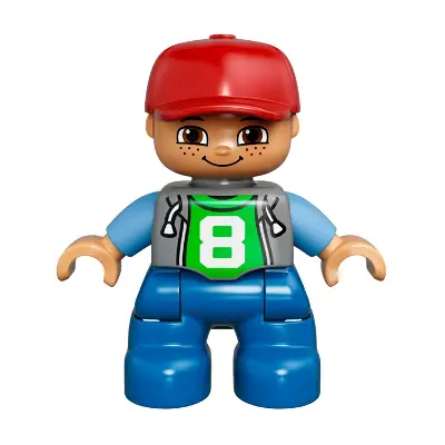  Duplo Figure Lego Ville, Child Boy, Blue Legs, Light Bluish Gray Top with Number 8, Medium Blue Arms, Red Cap, Freckles (6024623)