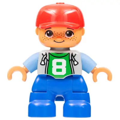  Duplo Figure Lego Ville, Child Boy, Blue Legs, Light Bluish Gray Top with Number 8, Medium Blue Arms, Red Cap, Freckles, Oval Eyes (6179295, 6233836)