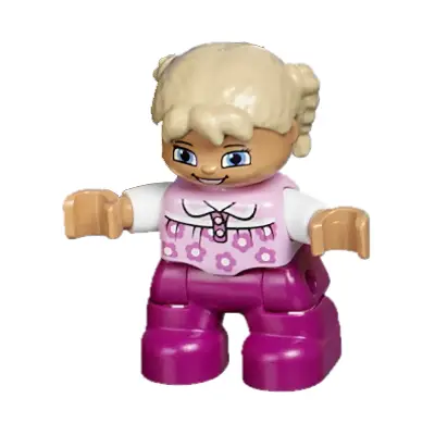  Duplo Figure Lego Ville, Child Girl, Magenta Legs, Bright Pink Top with Flowers, White Arms, Tan Hair with Braids