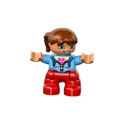  Duplo Figure Lego Ville, Child Girl, Red Legs, Medium Blue Jacket over Shirt with Flower, Reddish Brown Pigtails