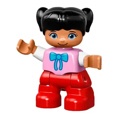  Duplo Figure Lego Ville, Child Girl, Red Legs, Bright Pink Top with Bow Tie, Black Hair with Pigtails