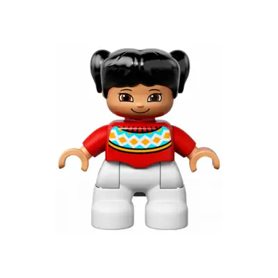  Duplo Figure Lego Ville, Child Girl, White Legs, Red Fair Isle Sweater with Orange Diamonds, Brown Eyes with Cheeks Outline, Black Pigtails