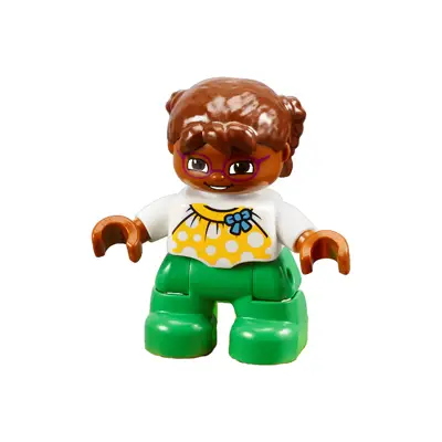  Duplo Figure Lego Ville, Child Girl, Bright Green Legs, White Top with Yellow Pattern and Blue Bow, Brown Hair, Brown Head, Magenta Glasses