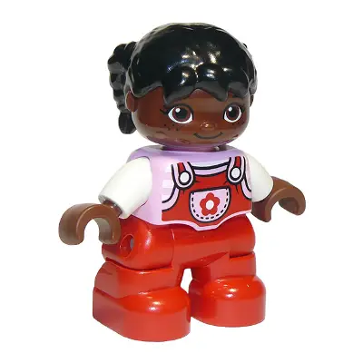  Duplo Figure Lego Ville, Child Girl, Red Legs, Bright Pink Top with Flower on Pocket, White Arms, Black Hair Pigtails with Uneven Bangs, Oval Eyes (6221053)