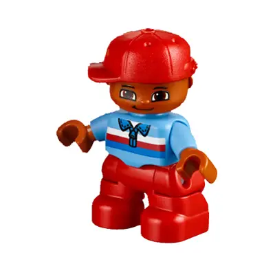  Duplo Figure Lego Ville, Child Boy, Red Legs, Medium Blue Top with Zipper and Blue, Red and White Stripes, Red Cap