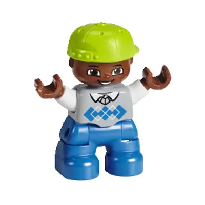  Duplo Figure Lego Ville, Child Boy, Blue Legs, Light Bluish Gray Sweater, White Arms, Lime Cap (6233834)