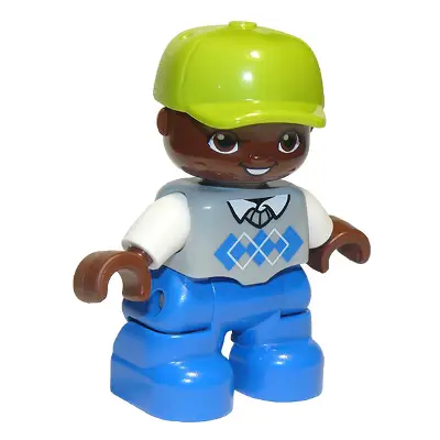  Duplo Figure Lego Ville, Child Boy, Blue Legs, Light Bluish Gray Argyle Sweater Vest, White Arms, Lime Cap, Oval Eyes