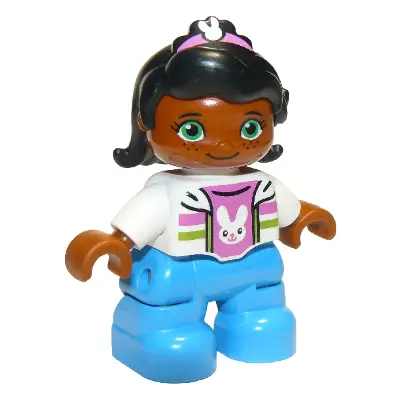  Duplo Figure Lego Ville, Child Girl, Dark Azure Legs, White Top with Dark Pink Undershirt with Bunny Rabbit Head, Black Hair with Dark Pink Band, Green Eyes (6174731, 6228497)