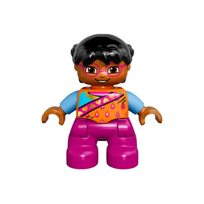  Duplo Figure Lego Ville, Child Girl, Magenta Legs and Glasses, Orange Top, Black Hair