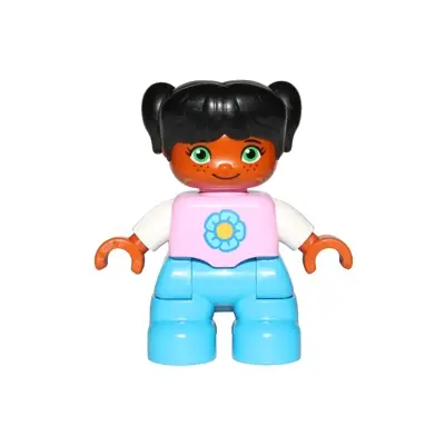  Duplo Figure Lego Ville, Child Girl, Dark Azure Legs, Bright Pink Top with Yellow and Dark Azure Flower, Black Hair with Pigtails (6233702)