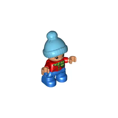  Duplo Figure Lego Ville, Child Boy, Blue Legs, Red Top with Scarf and Zipper Pattern, Freckles, Brown Eyes, Medium Azure Bobble Cap (6228502)