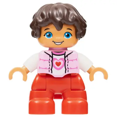  Duplo Figure Lego Ville, Child Girl, Red Legs, Bright Pink Top with Heart Pattern, White Arms, Reddish Brown Hair