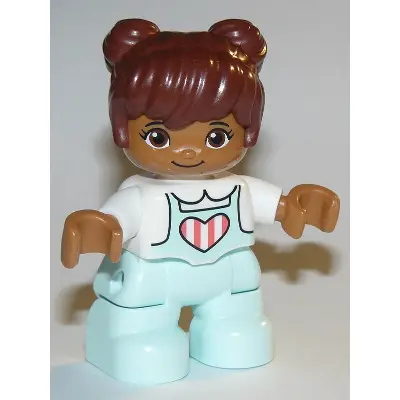  Duplo Figure Lego Ville, Child Girl, Light Aqua Legs, White Top with Coral Stripes in Heart, Reddish Brown Hair (6292954)