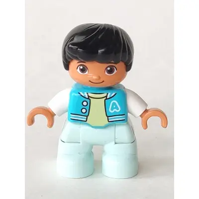  Duplo Figure Lego Ville, Child Boy, Light Aqua Legs, Medium Azure Jacket, Bright Light Yellow Shirt, White Arms, Black Hair