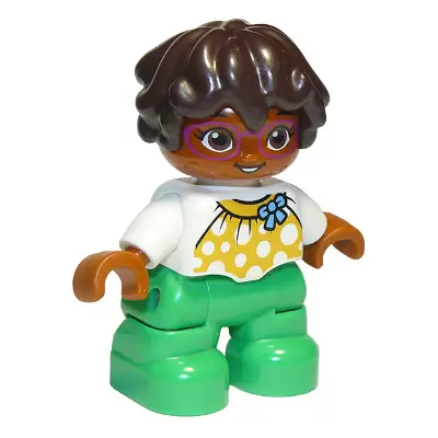  Duplo Figure Lego Ville, Child Girl, Bright Green Legs, White Top with Yellow Pattern and Blue Bow, Dark Brown Wavy Hair, Magenta Glasses (6295446)