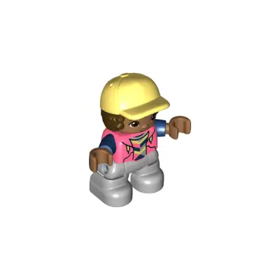  Duplo Figure Lego Ville, Child Boy, Light Bluish Gray Legs, Coral Top with Dark Blue Arms, Dark Brown Hair, Bright Light Yellow Cap (6323946)